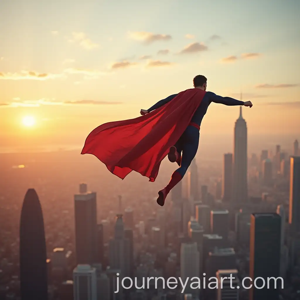 Superman-Flying-Toward-the-City-at-Sunset