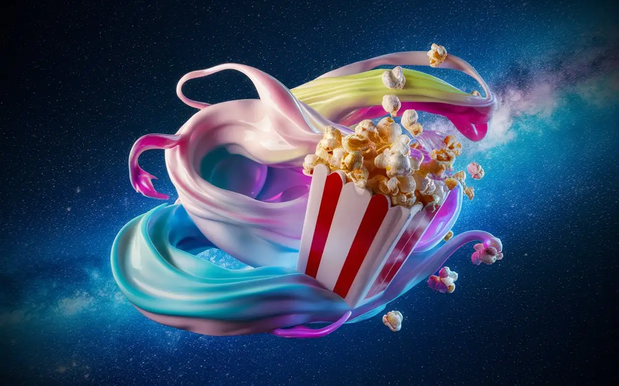 mixing of rainbow and milk in the shape of pop corn, in the galaxy, fantasy style, 3d, realistic