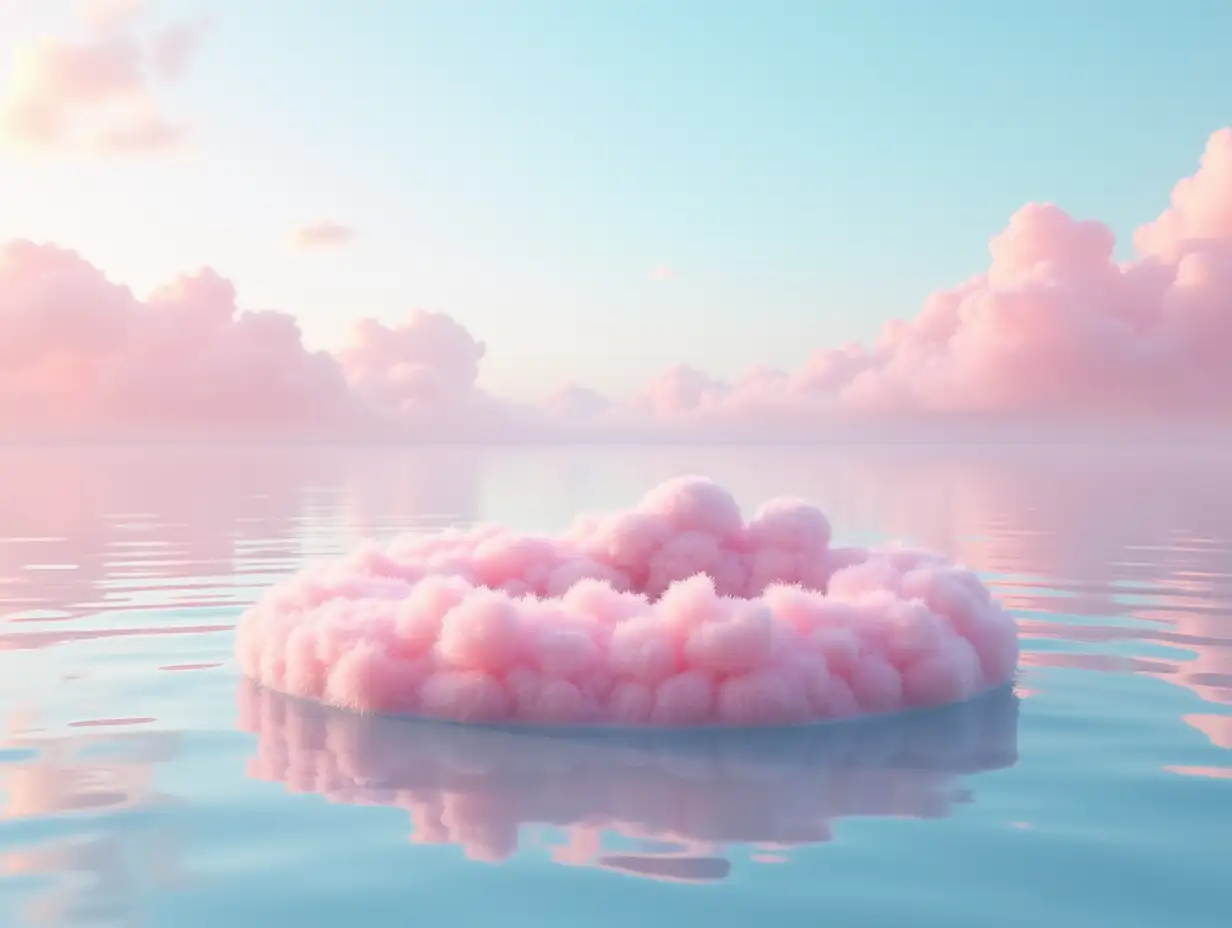 Fluffy-Pink-Bed-Floating-on-Water-in-Dreamy-Landscape