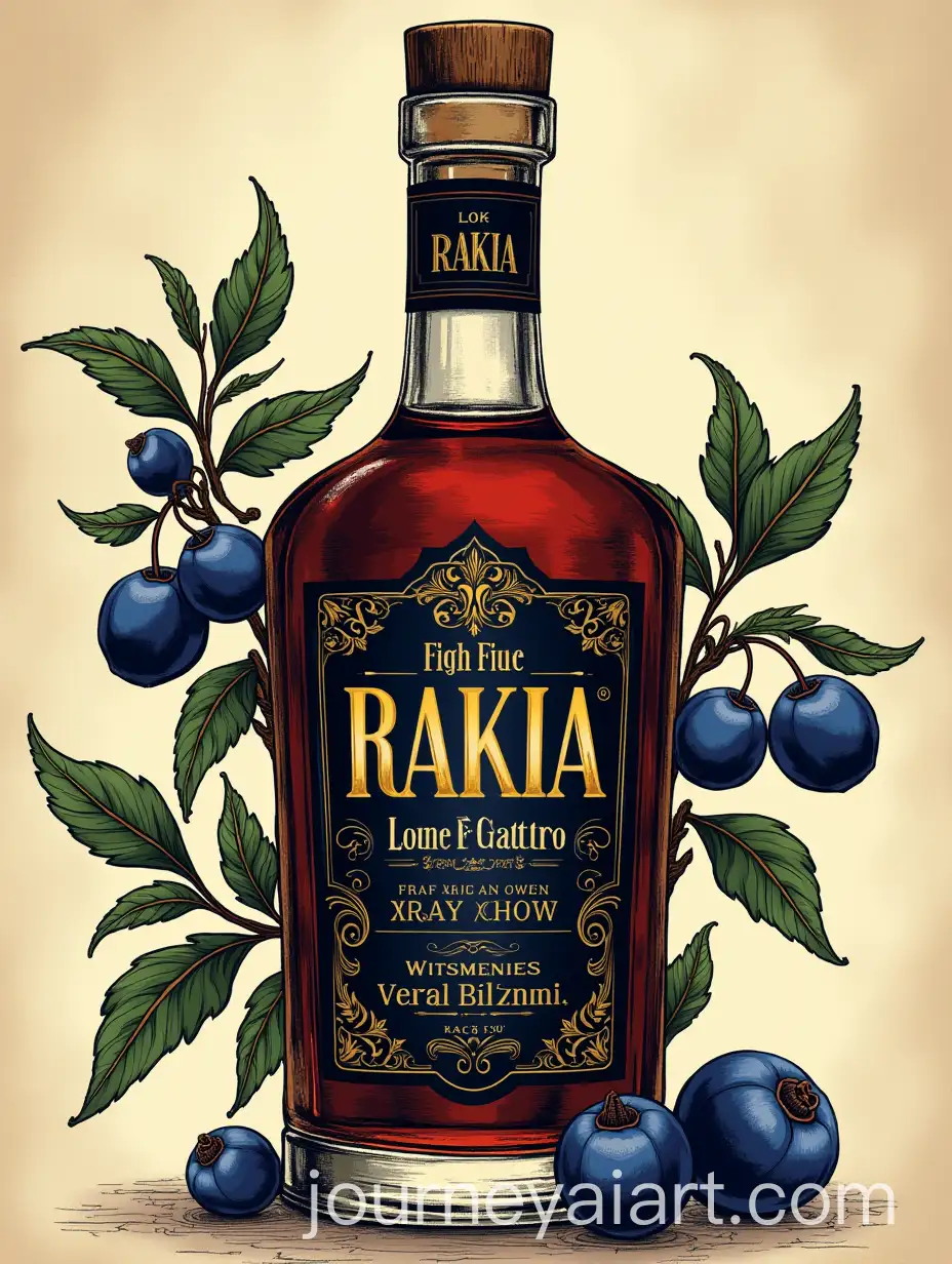 Elegant-Rakia-Bottle-Labels-with-Dark-Blue-Plums-on-BlackGold-Background