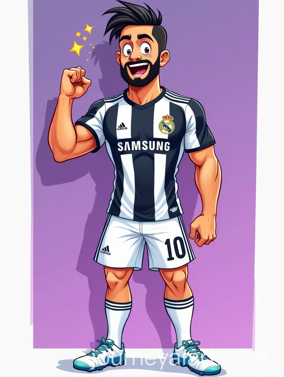 Confident-Male-Soccer-Player-in-Striped-Jersey-with-Dynamic-Sports-Poster-Background