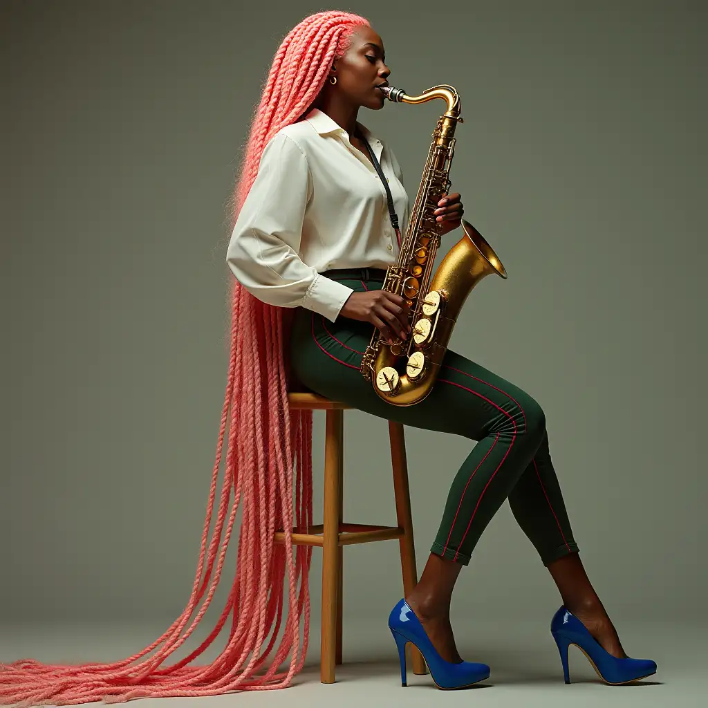 Ultradetailed hyperrealistic photo-realistic portrait of a woman with white-red mixed long braided hair reaching the ground, white blouse, blue high heels and tight green red striped short pants playing on a saxophone texture, surfaces and lighting to give depth, dimension and a colorful photorealistic appearance.