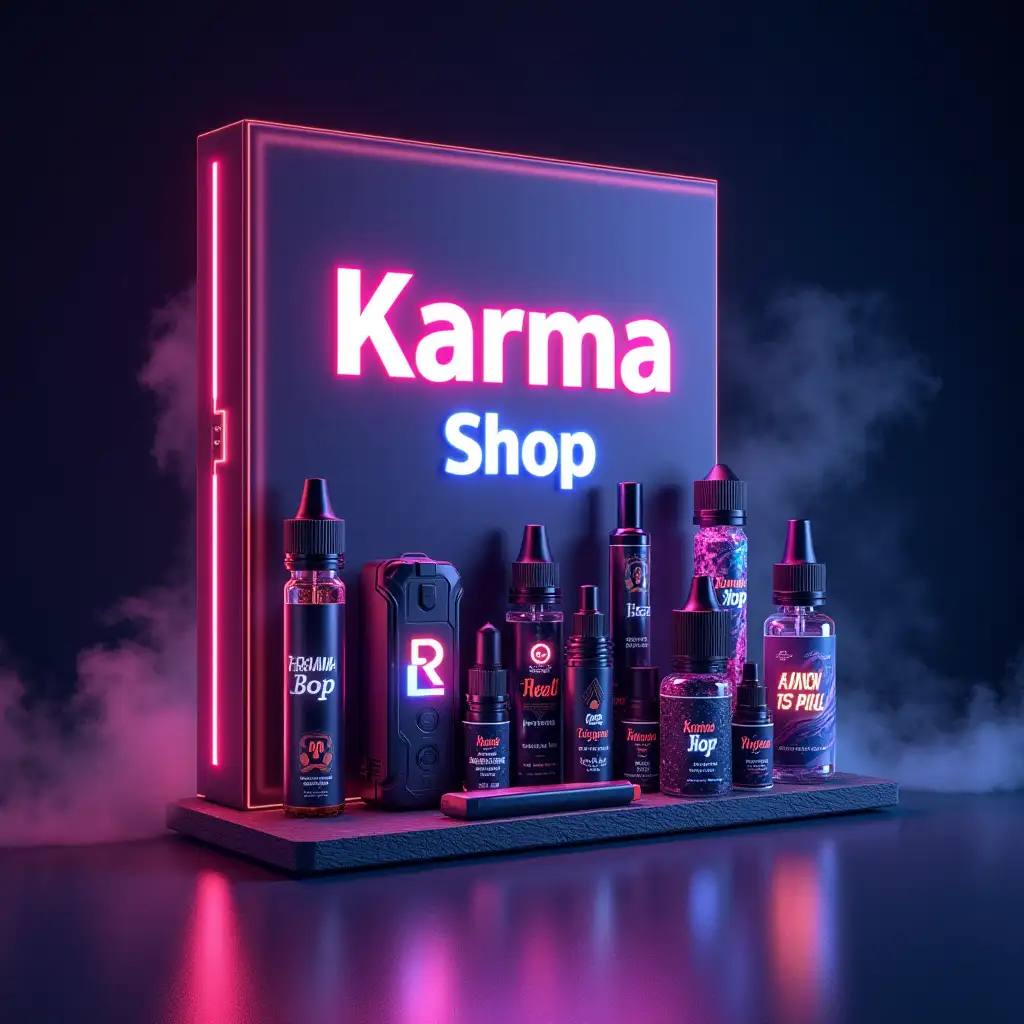 a bright cover with the inscription 'Karma Shop', a variety of electronic cigarettes, vaping liquids and accessories, decorated in a dynamic futuristic style. The background should be smooth and modern, with subtle neon lighting and evaporation effects