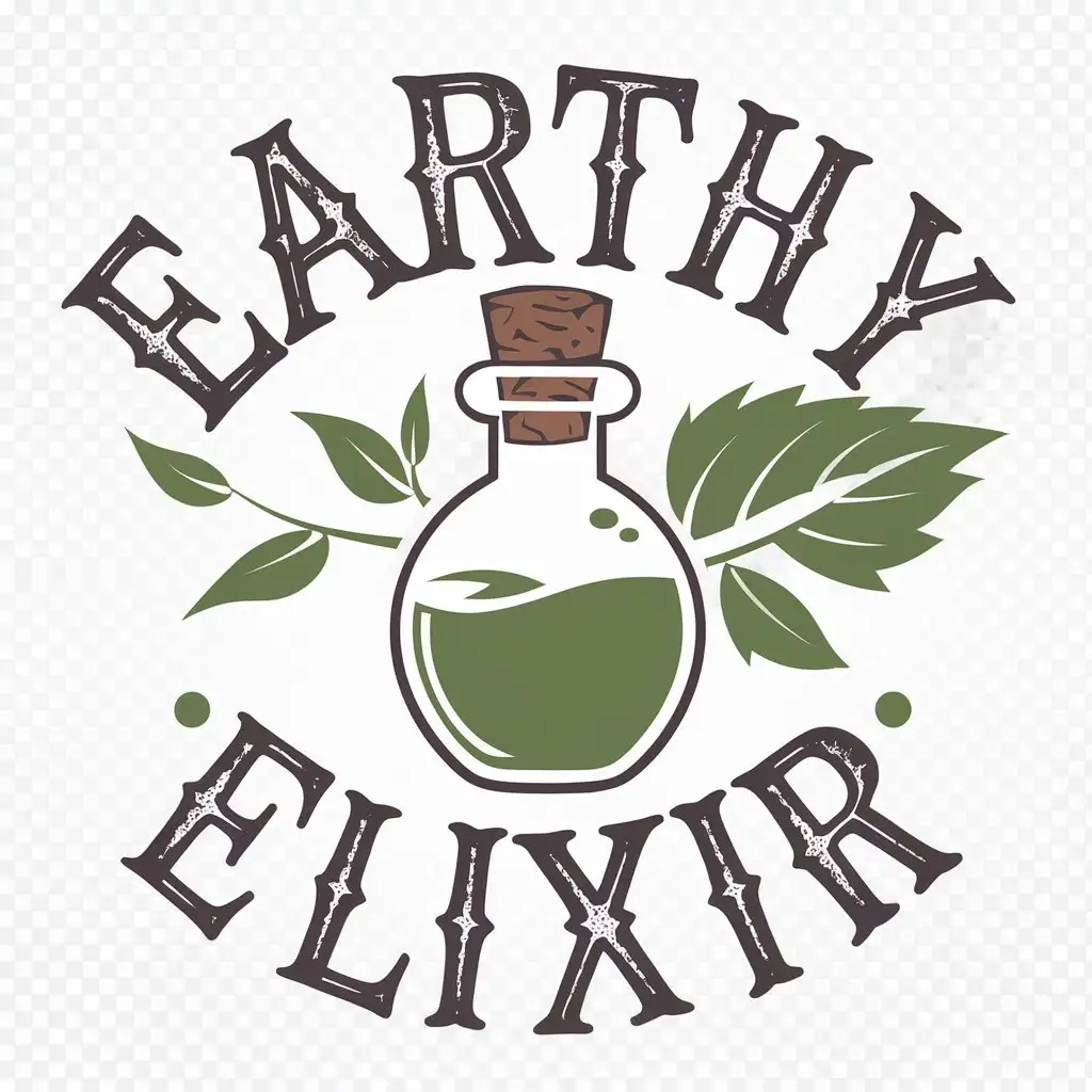 Organic Earthy Elixir Logo with Natural Ingredients and Potion Bottle