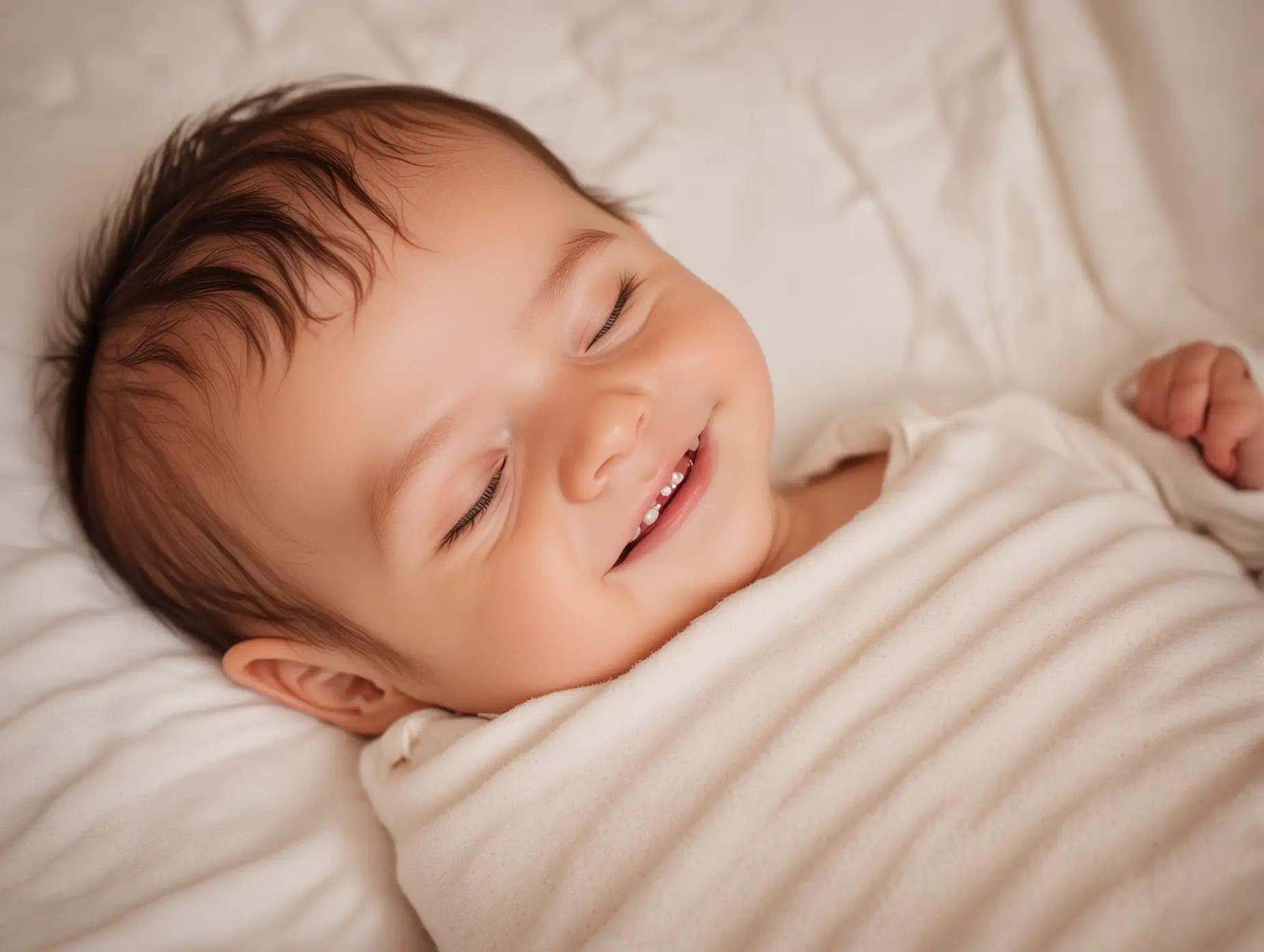 an image of a baby sleeping peacefully on a bed, smile