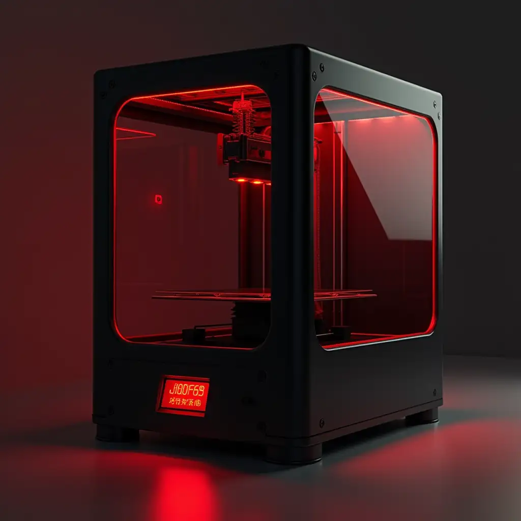 highly detailed image of a futuristic 3D printer color scheme only black and red colors