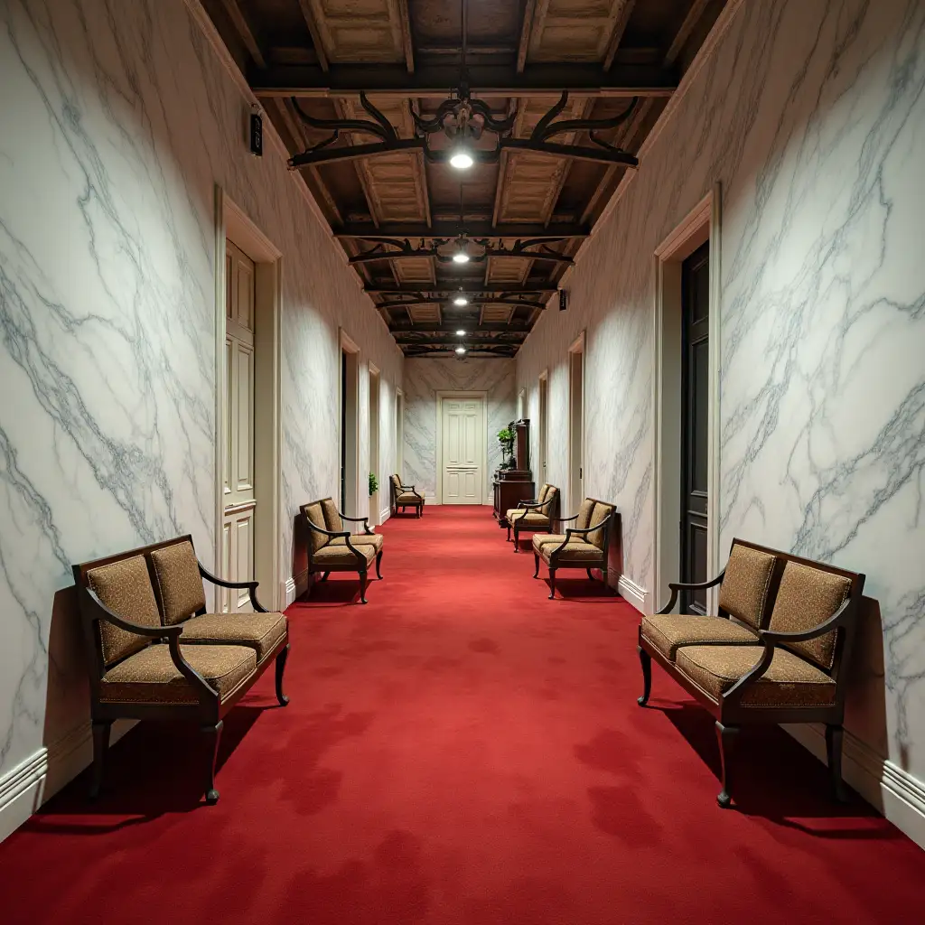 A non-liniar corridor with white marble walls and red carpet flooring, there is vintage furniture around some areas and 30ft ceilings that look industrial.