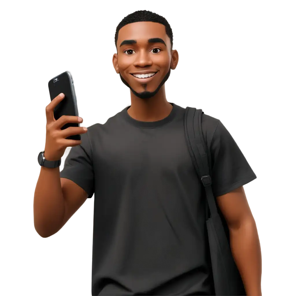 Cartoon-Style-Young-Black-Man-Holding-iPhone-in-Black-TShirt-Transparent-PNG-Image