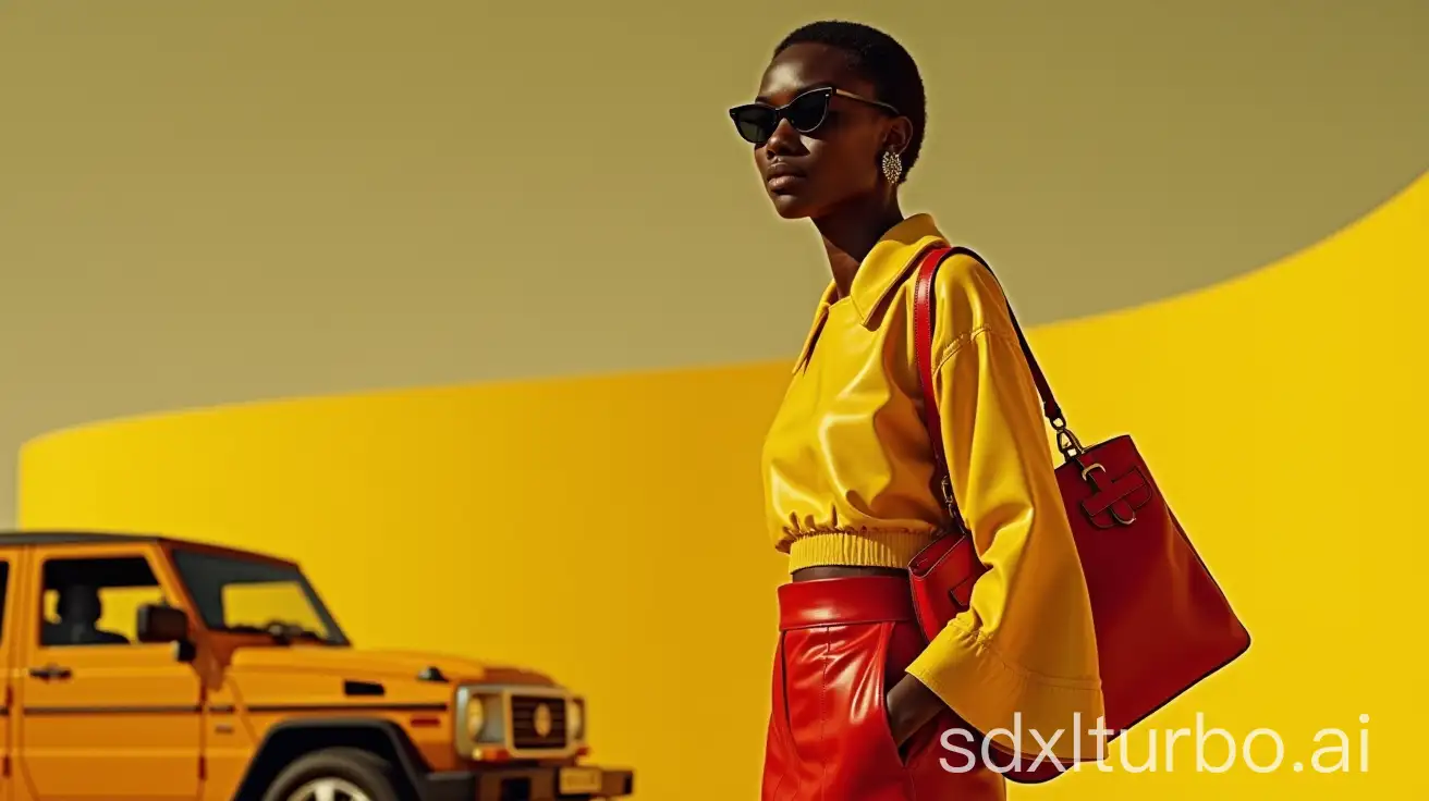 Stunning-Young-Black-Woman-in-Yellow-Leather-Outfit-Beside-a-Lamborghini