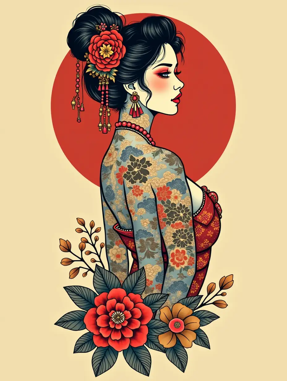 vintage tattoo style, Japanese pin-up girl design, full body image, using  flat vector simple art, minimal colors, black, gold, red, blue