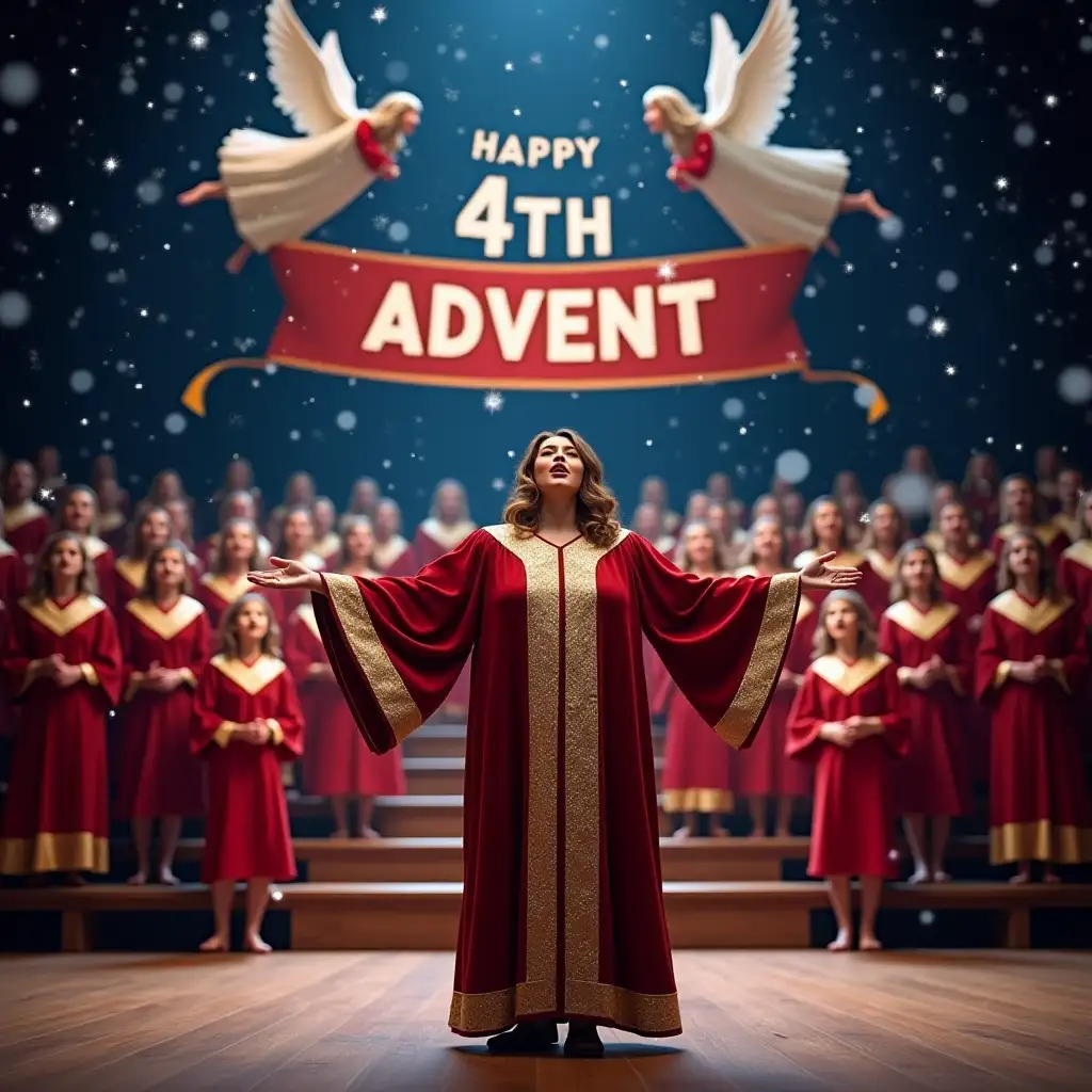 The scene: a huge Christmas stage at night, snowflakes are falling from the sky, in the background two Christmas angels are floating high above, holding up a poster with the words 'Happy 4th Advent' written in large Christmas letters. On the wooden stage there is a Christmas gospel choir made up of men, women and children, all in uniform festive robes, all singing and standing in several rows. In the foreground a full-bodied gospel singer in a beautiful robe in red gold and white, she stands close to the camera, her arms spread out, looking directly into the camera. Make everything very Christmassy, ​​with lots of details and realistic.