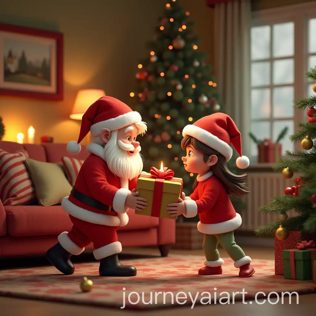 Santa-Claus-and-Mischievous-Girl-Playfully-Tugging-at-a-Christmas-Gift-Box-in-a-Festive-Living-Room