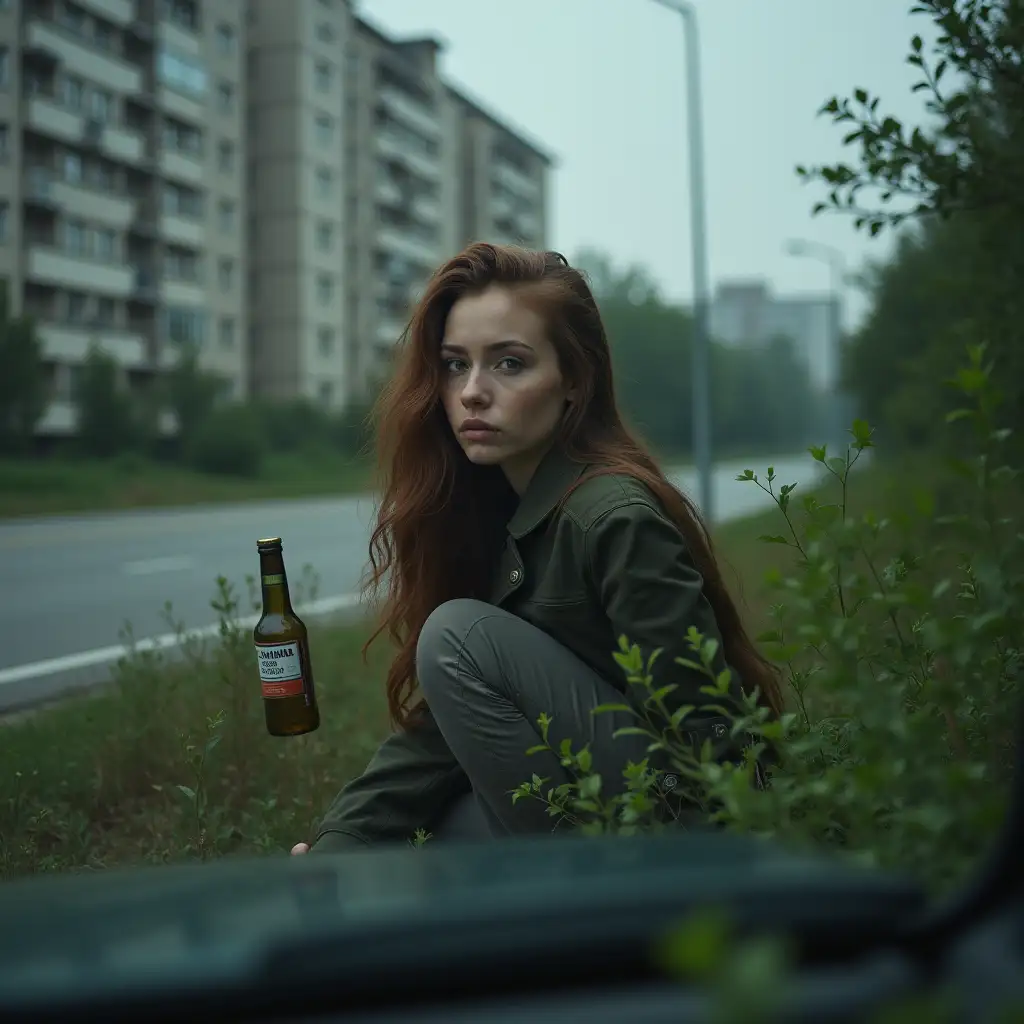 A young Slavic woman crouches amidst dense green bushes beside a gray Soviet apartment block, clutching a vodka bottle, her gaze fixed on the road, framed by a car window.