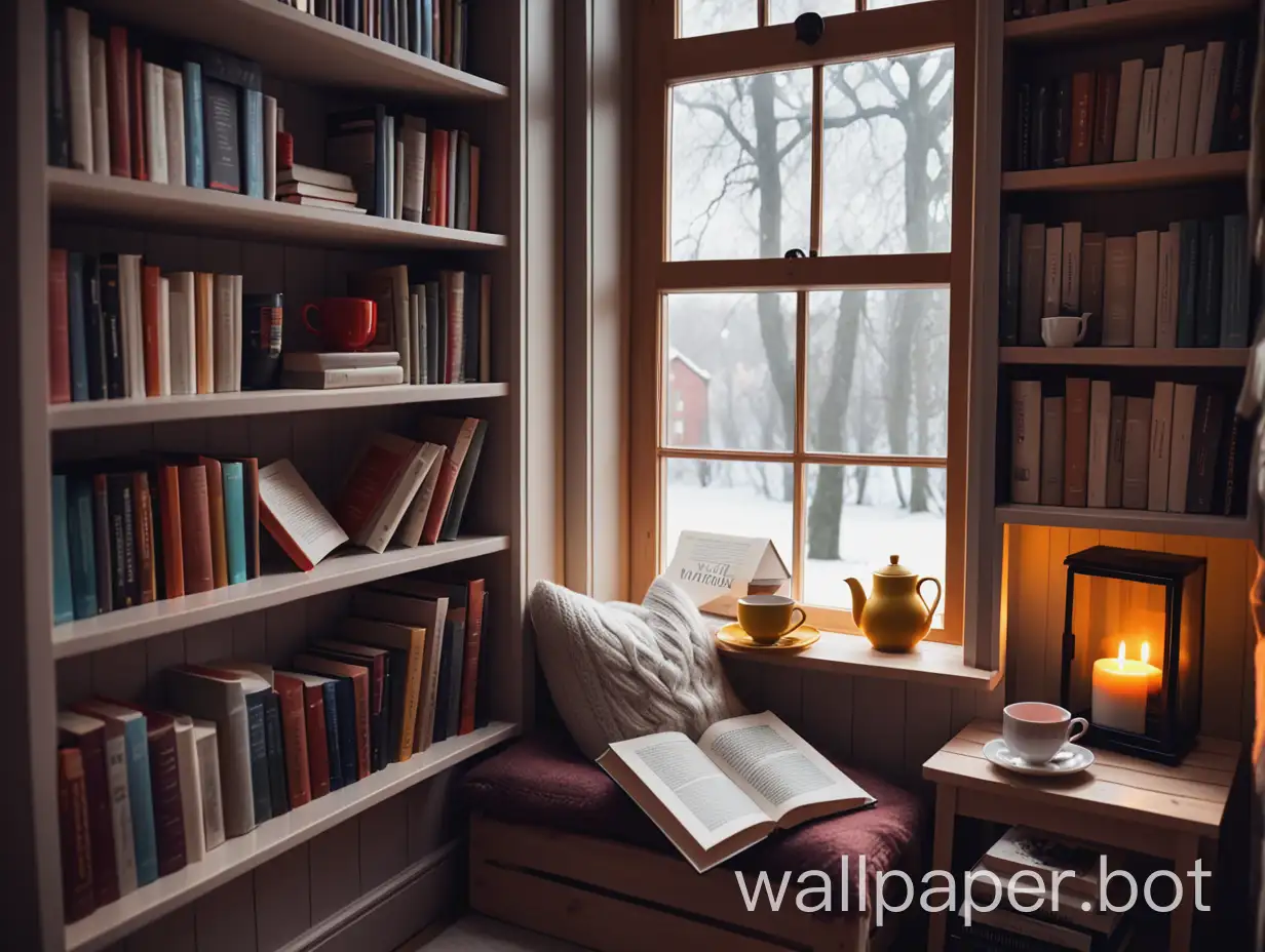 books on a shelf and a cozy place to read a good book sipping a cup of tea