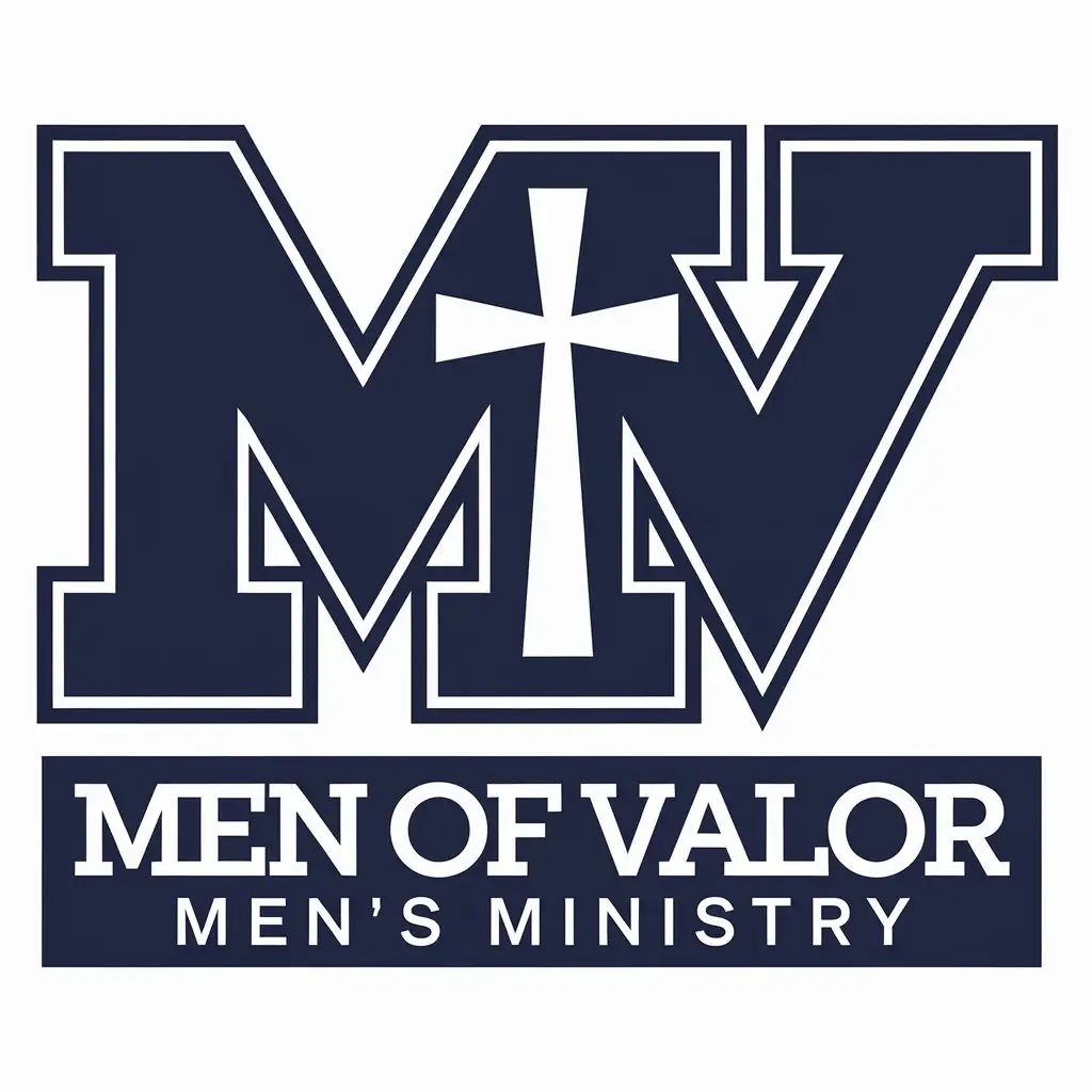 LOGO Design for Men of Valor Mens Ministry Navy White Silver with Minimalist Cross Symbol