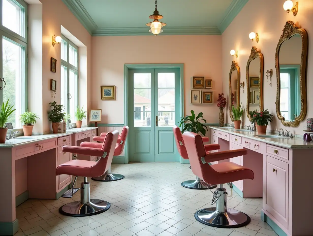 Step into the charming and nostalgic pastel vintage salon interior with retro barbershop decor and elegant mirrors