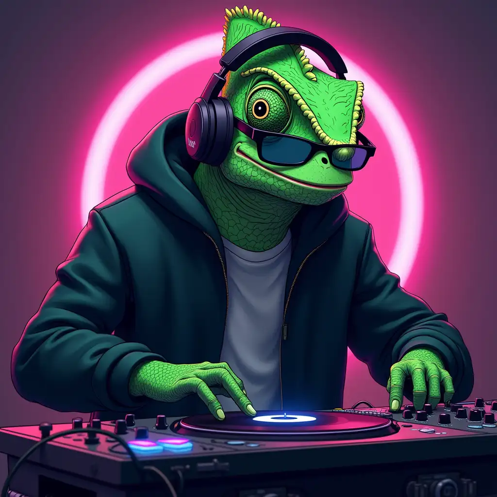 green chameleon, anime style, with blsck jacket smiling, DJ, with disco in the background, with dark glasses and headphones