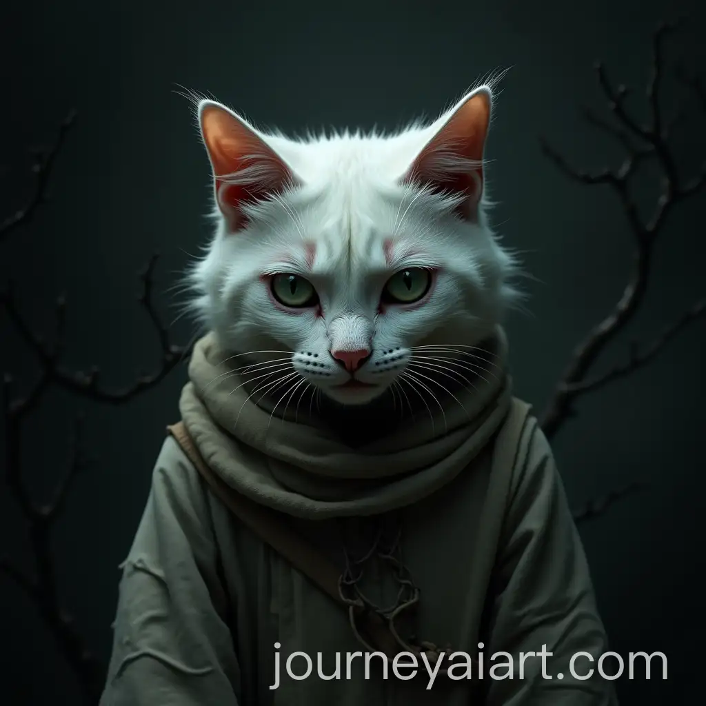 Symbolic-Humanoid-White-Cat-in-Tattered-Clothes-with-Troubled-Expression
