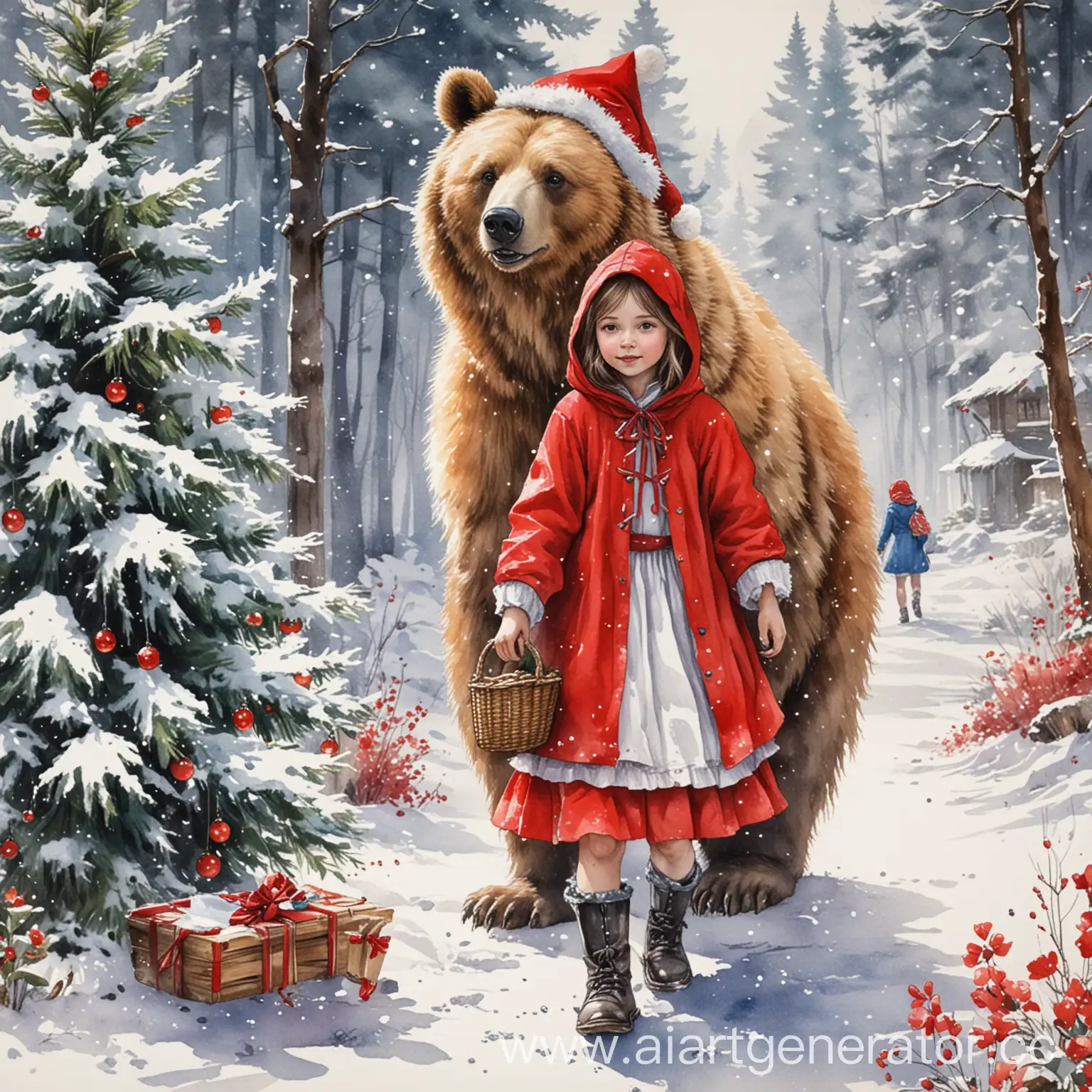 Bear-and-Girl-in-Red-Riding-Hood-by-Christmas-Tree-in-Snowy-Winter-Wonderland