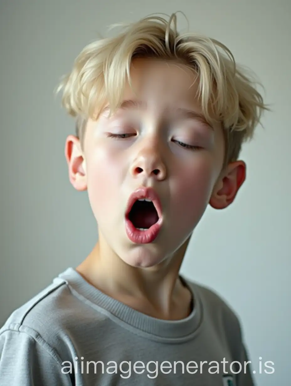 Very handsome korean boy. White skin. Blonde hair. 13 years old. Standing. Side view. Looking down. Closed eyes. Open mouth wide. Shocked.