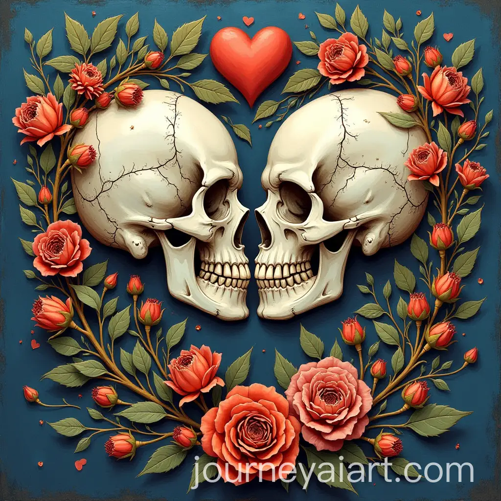 Vincent-van-Gogh-Style-Wedding-Skulls-in-Heart-Shape-with-Dogwood-Flower-Kiss