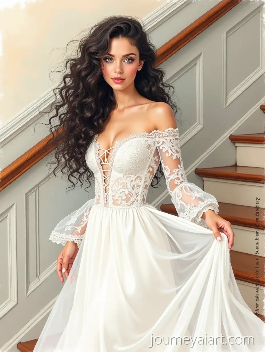 Beautiful-Young-Woman-in-White-Lace-Dress-Descending-Stairs-Watercolor-Painting