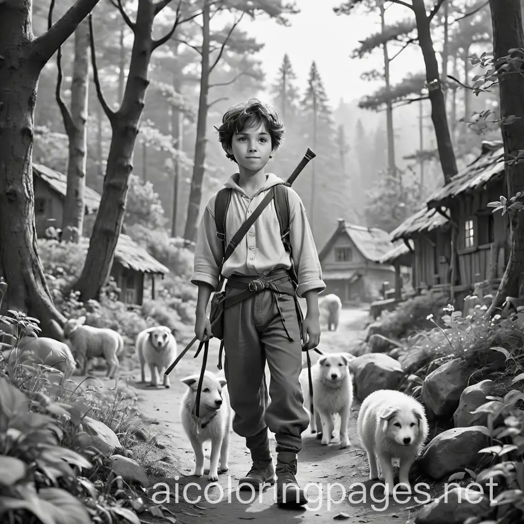 Fantasy-Village-in-a-Forest-with-Boy-Holding-Shepherds-Sling-Coloring-Page-for-Kids