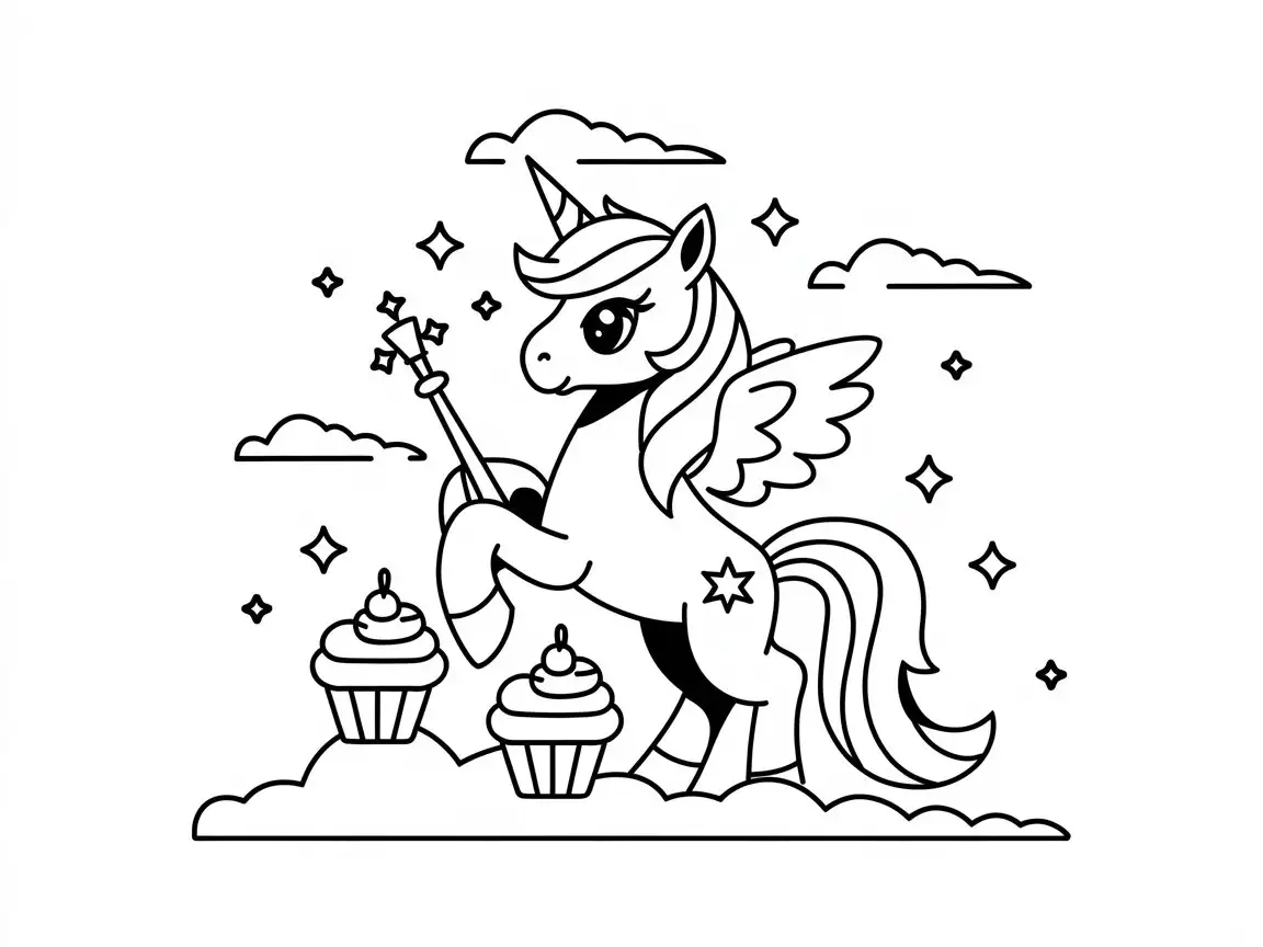 Cartoon Unicorn Graphic Illustration with Cupcakes