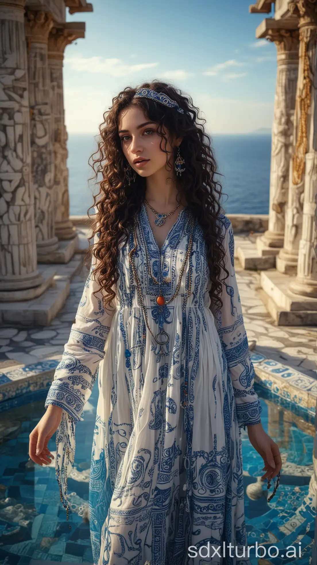 a young sexy goddess very long flowing curly dark hair and blueish makeup, greek face, blue and white adorned tunic with colorful octopus patterns, mystical necklaces with gems, carved painted greek temple in white stone, mosaic waterpool, deep blue sky in the back, bright sunny enchanting atmosphere, clear lighting, aerial perspective, intricate costume details, sacred geometry, harmonious composition, idyllic scenery, otherworldly ambiance