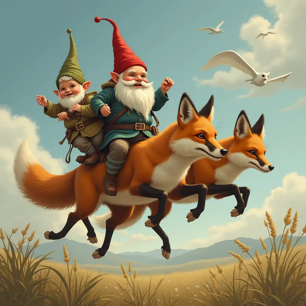 a flock of flying foxes with gnomes riding on top