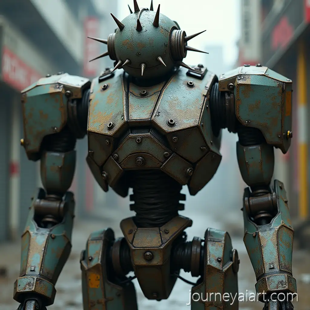BattleScarred-HumAI-Art-Prompt-Expansionanoid-Combat-Robot-with-Mace-Head-in-Abandoned-Japanese-City
