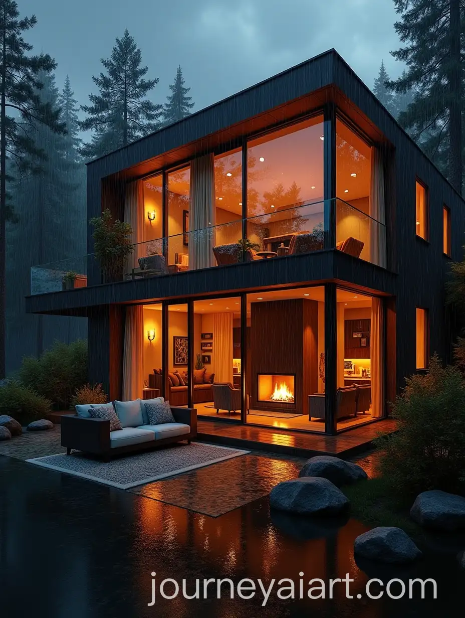 Cozy-Modern-Living-Room-with-FloortoCeiling-Glass-Walls-and-Rainstorm-View