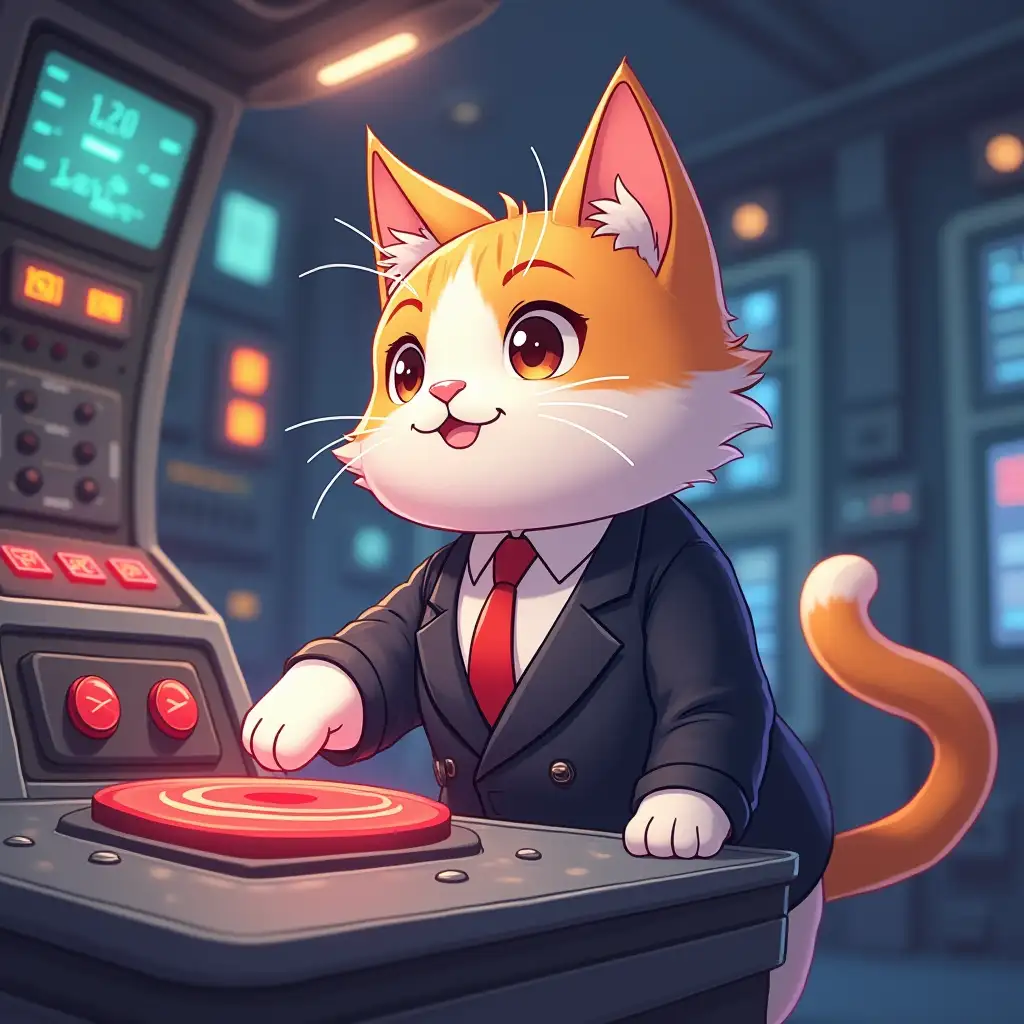 kawaii positive fluffy anime style fluffy multicolored an engineer cat in a formal suit presses a red button on a large shiny metal table with buttons and indicators in an a spacious, bright room with walls of panels dotted with colorful lamps, instruments and indicators with atmosphere of magical glow, paint in anime style