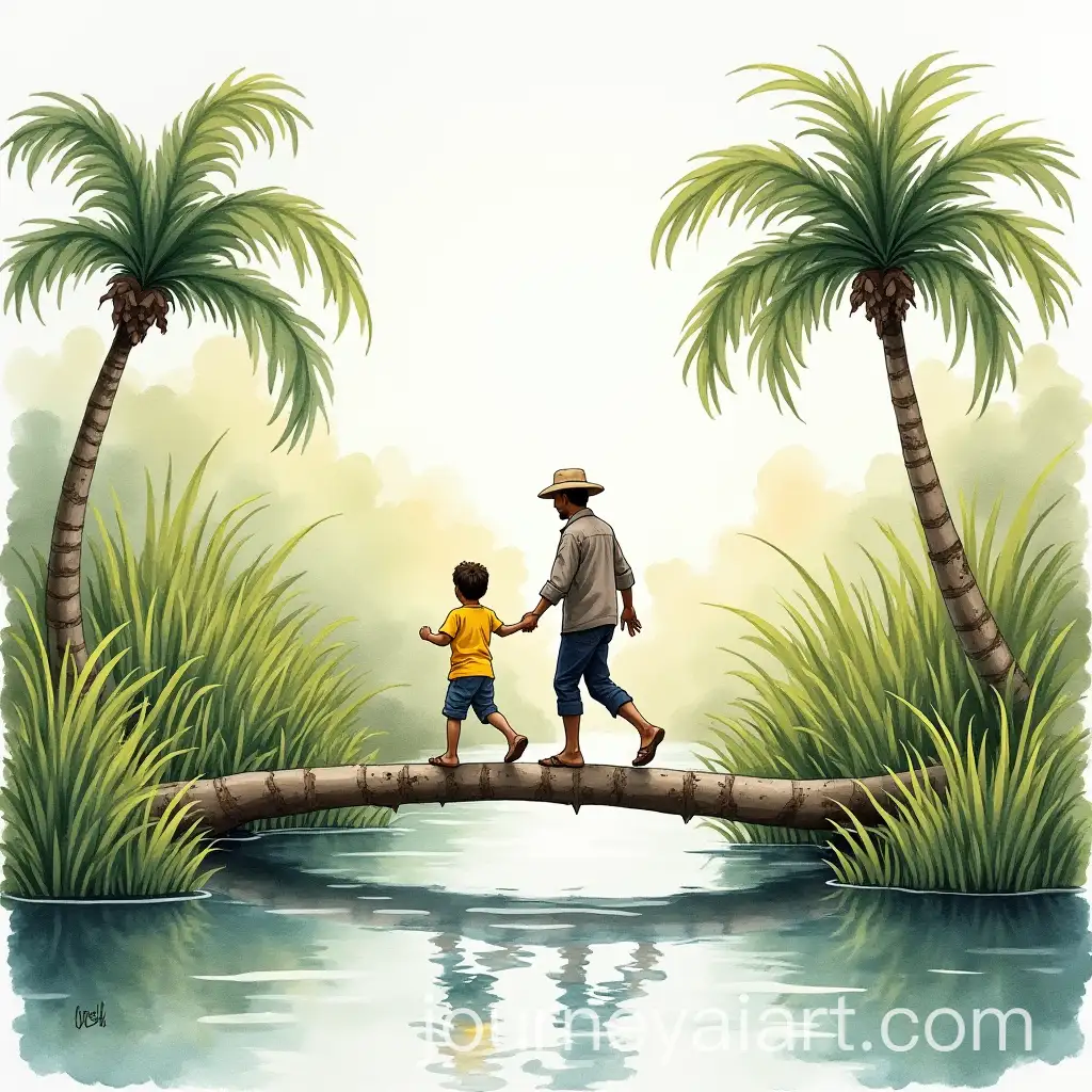 Farmer-and-Son-Walking-Over-Palm-Trunk-Bridge-in-Watercolor-Art