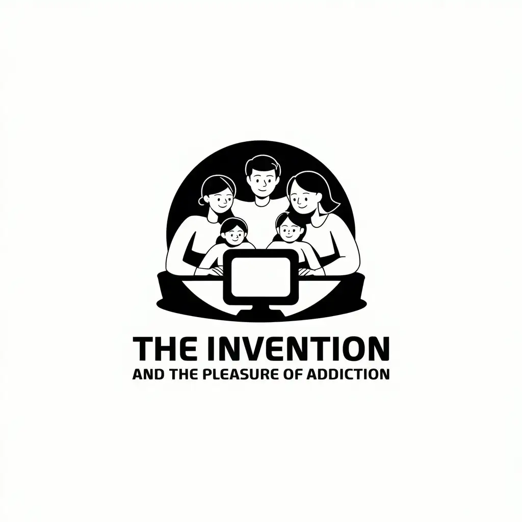 a vector logo design,with the text "the invention and the pleasure of addiction", main symbol:a family picture at the table together and they are happy watching on the screen,Moderate,be used in Entertainment industry,clear background