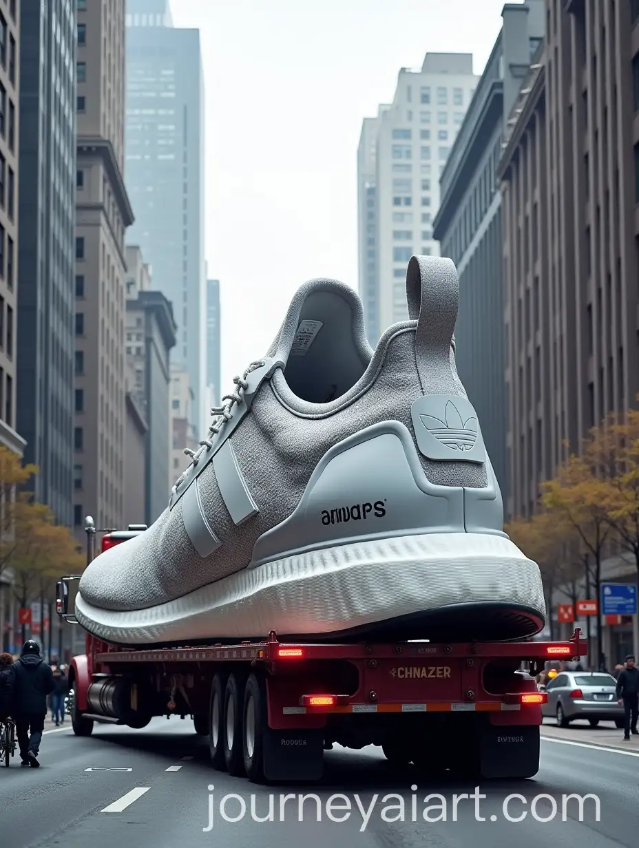 Massive-Adidas-Sneaker-on-Flatbed-Hauler-in-Vibrant-City-Streets