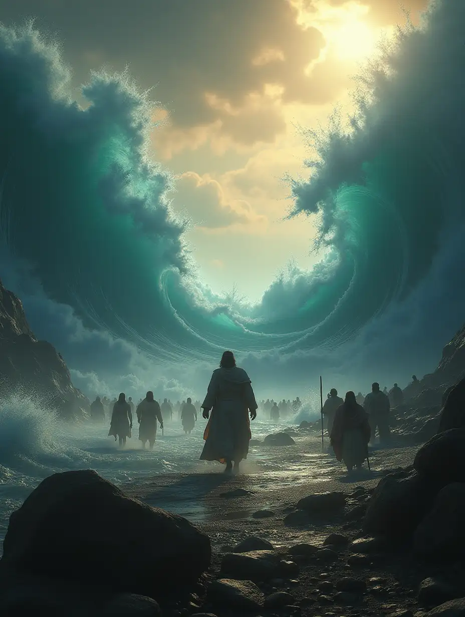 Moses parting the Red Sea, leading the children of Israel on dry land, highly detailed, cinematic lighting, epic composition, biblical illustration, chiaroscuro, awe-inspiring, Egyptian chariots in pursuit, massive waves crashing down upon them, sense of divine power, high resolution, 8k, octane render