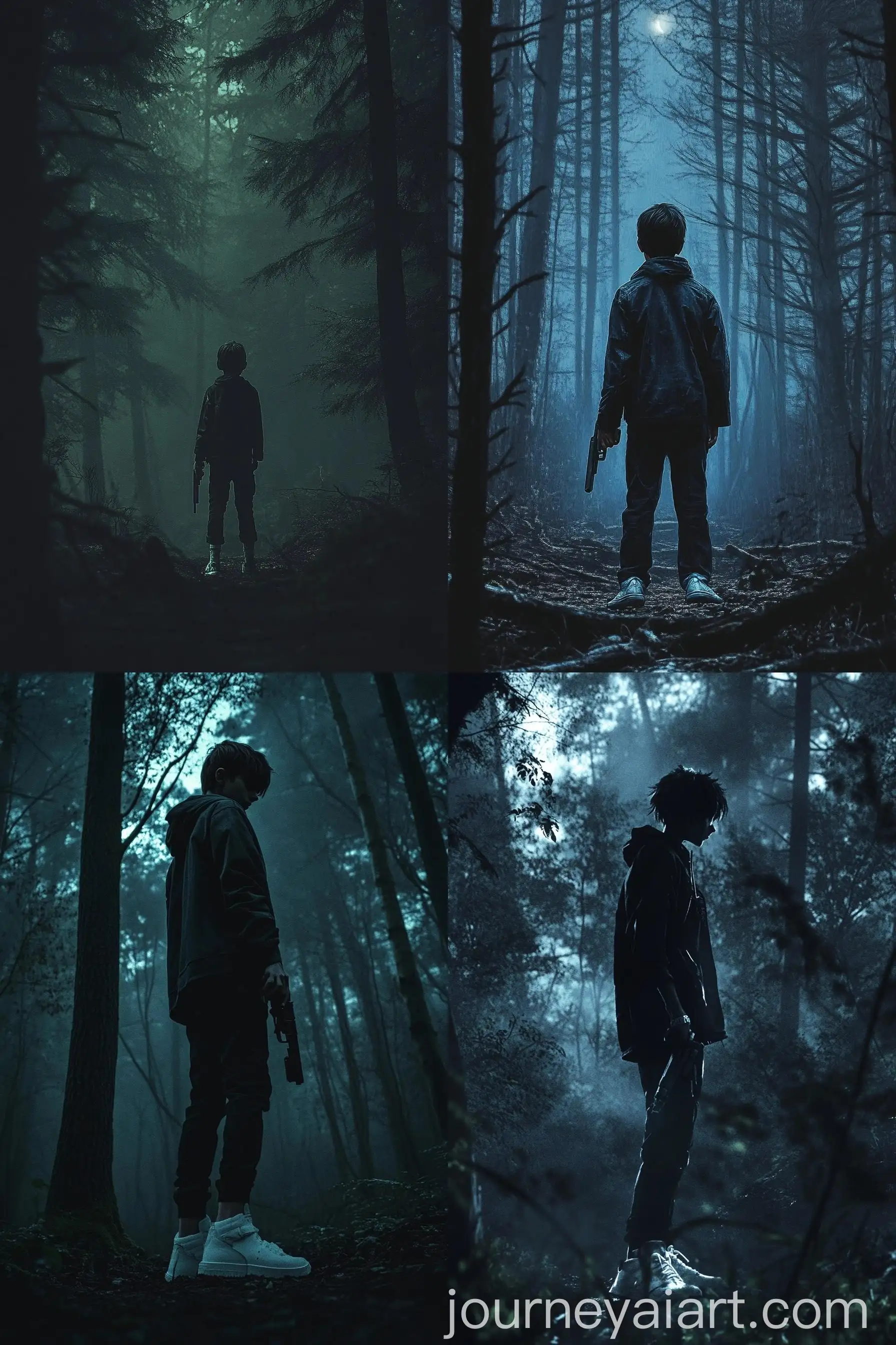Solitary-Boy-in-Dark-Forest-Holding-Gun