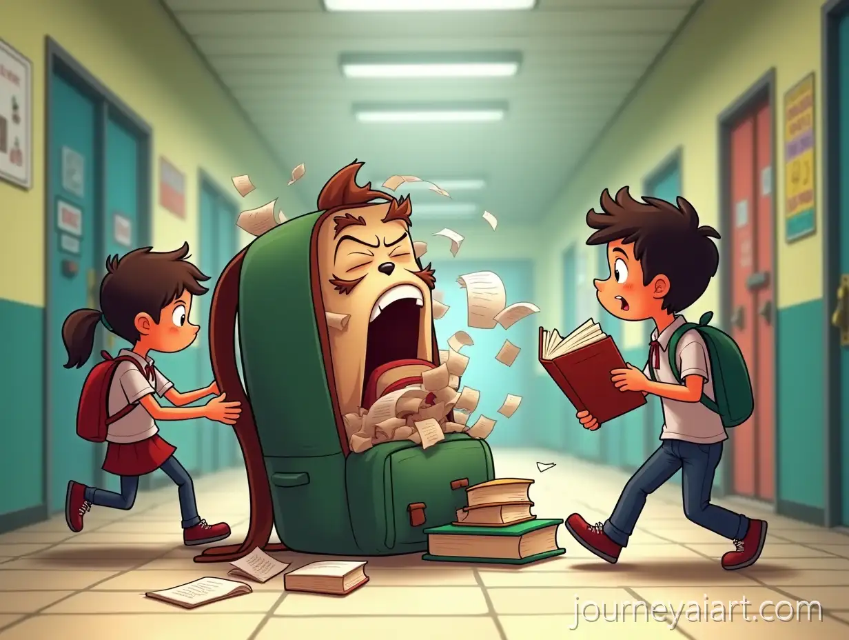 Children-Struggling-to-Stuff-Books-intoAI-Image-Prompt-Expansion-an-Overloaded-Cartoon-Backpack