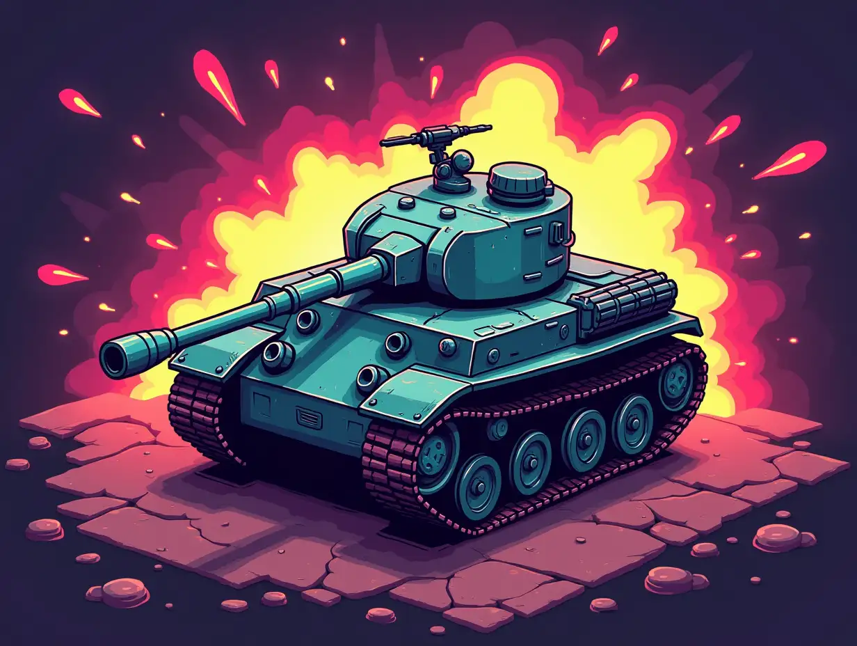 Top-down 2D pixel art game icon of a tank, retro arcade style, vibrant and colorful, dynamic pose, detailed design, clean edges, cartoonish aesthetic, bold outlines, high contrast, inspired by classic games like 'Battle City' or 'Tank Trouble', suitable for mobile game, fun and playful vibe, background with simple geometric shapes or explosion effects, bright neon colors, modern twist on retro visuals