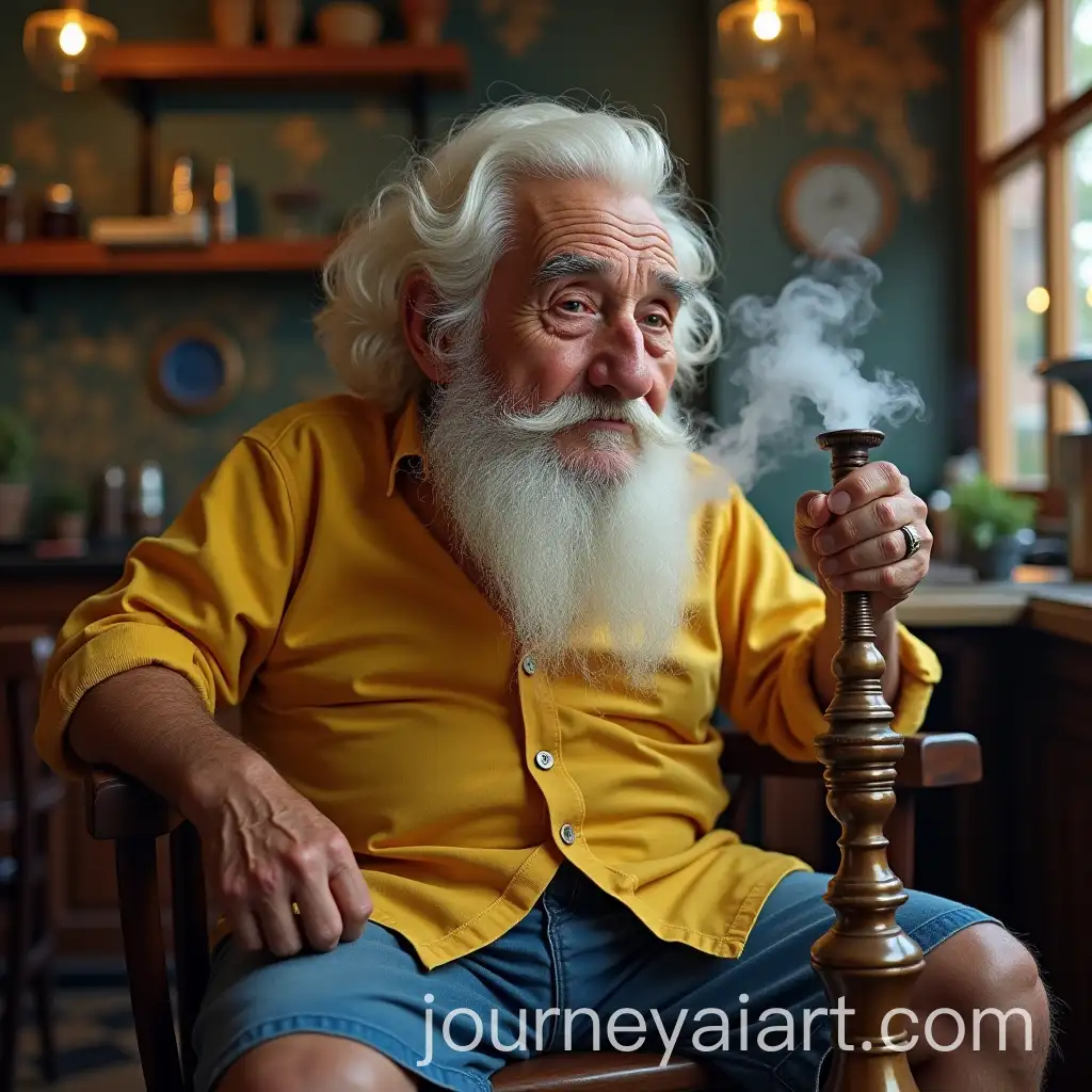 Elderly-Man-Smoking-Hookah-in-Caf-with-Yellow-Shirt-and-Blue-Shorts