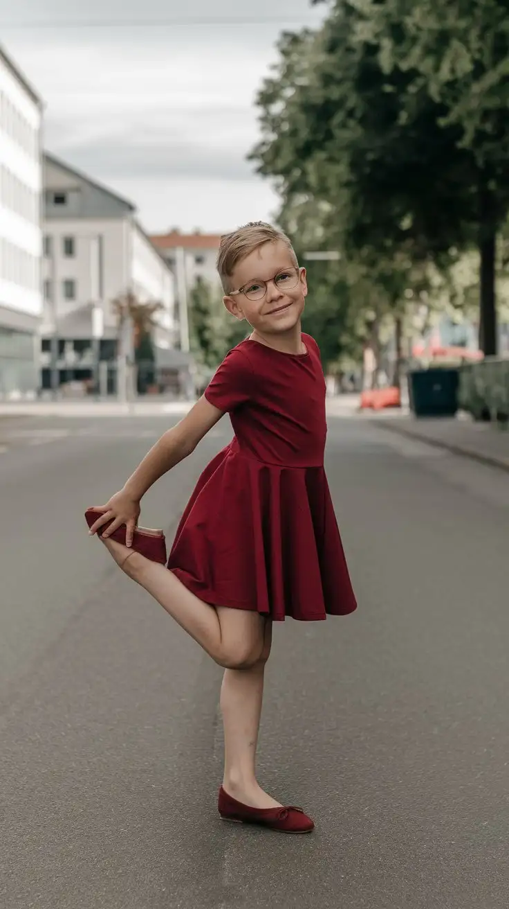 little young german boy wear red skater dress and wine red ballet flats and staying on street and stretches one foot backward and smiling and glasses