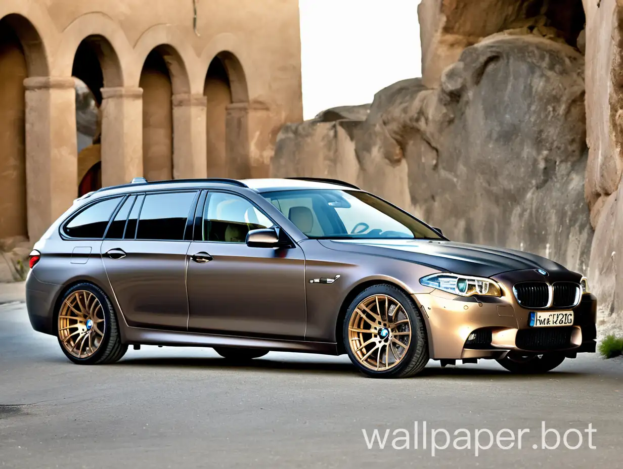 bmw 5 series touring m pack f11 gray with bronze rims standing still in hell