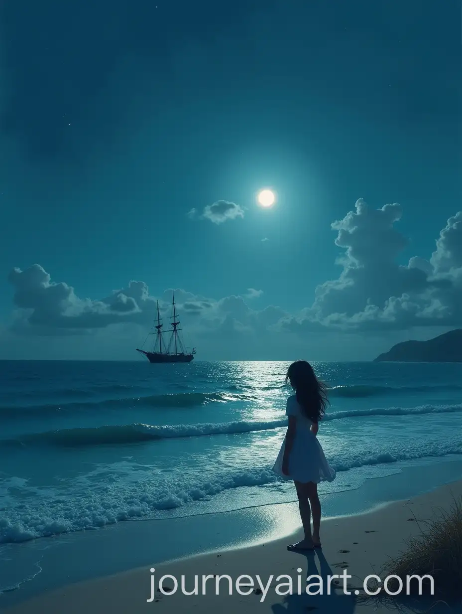 Girl-Walking-on-Moonlit-Seashore-with-Ship-in-the-Distance