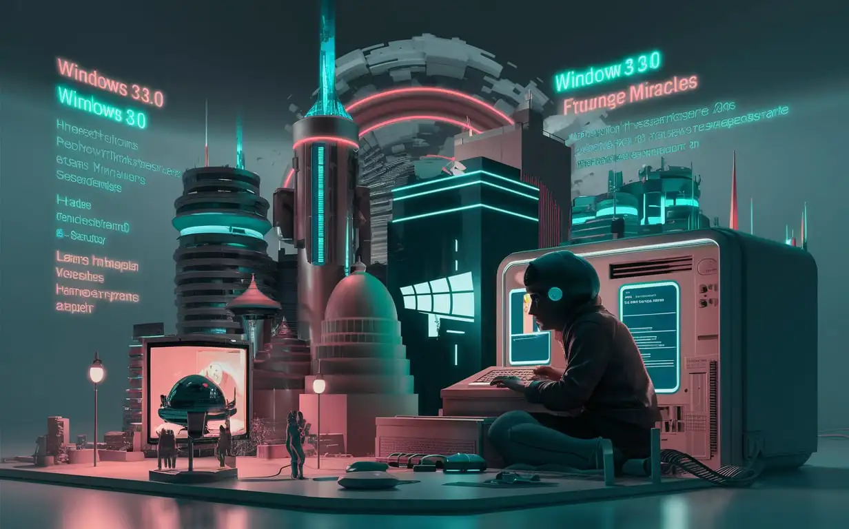 Create with 3D Animation Model with a static illusion with a retro hacker cyberpunk theme, blending elements of Modern Cyberpunk, Windows 3.0, and Minimalist Retro 80s, while incorporating fusion miracles to bring a unique and immersive aesthetic.