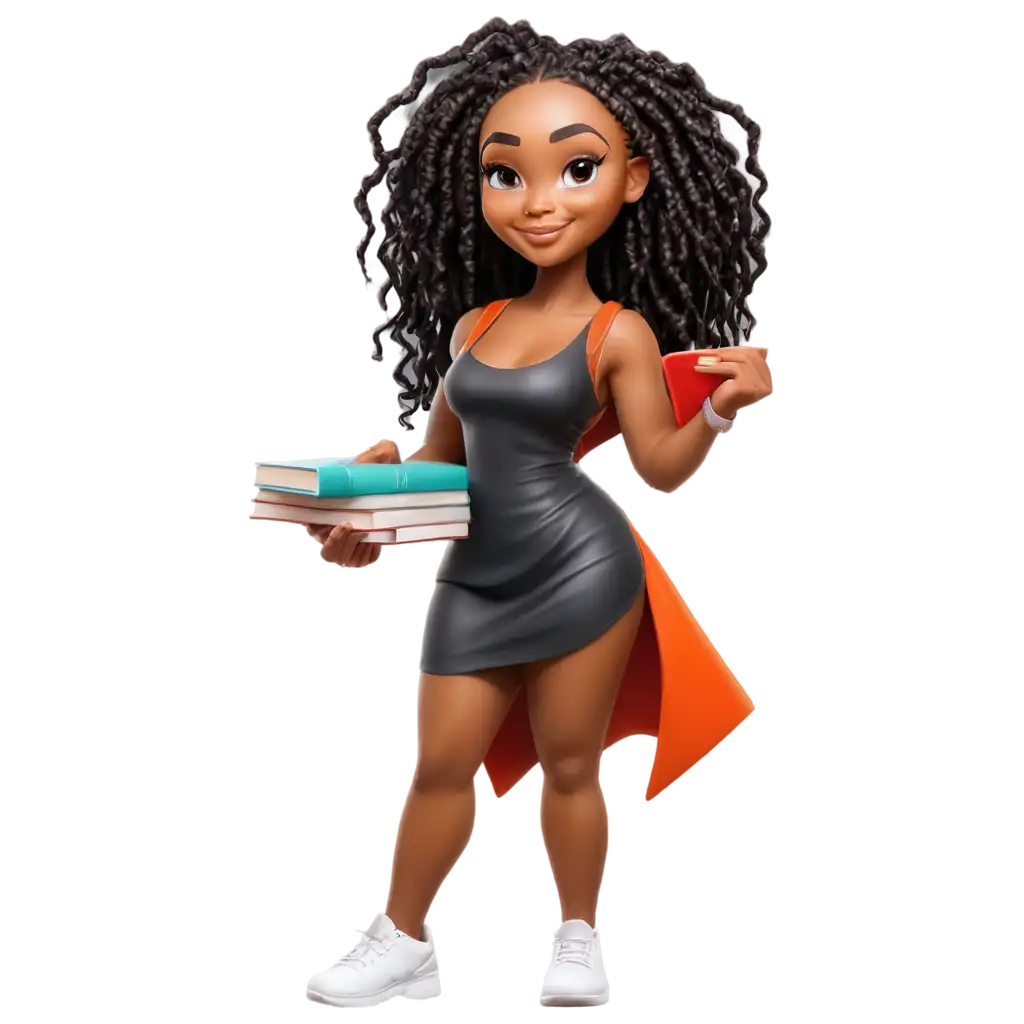 Stunning-64K-Airbrushed-Oil-Painting-PNG-of-an-African-American-Chibi-Woman-with-Books-and-Phatgyrl-Theme