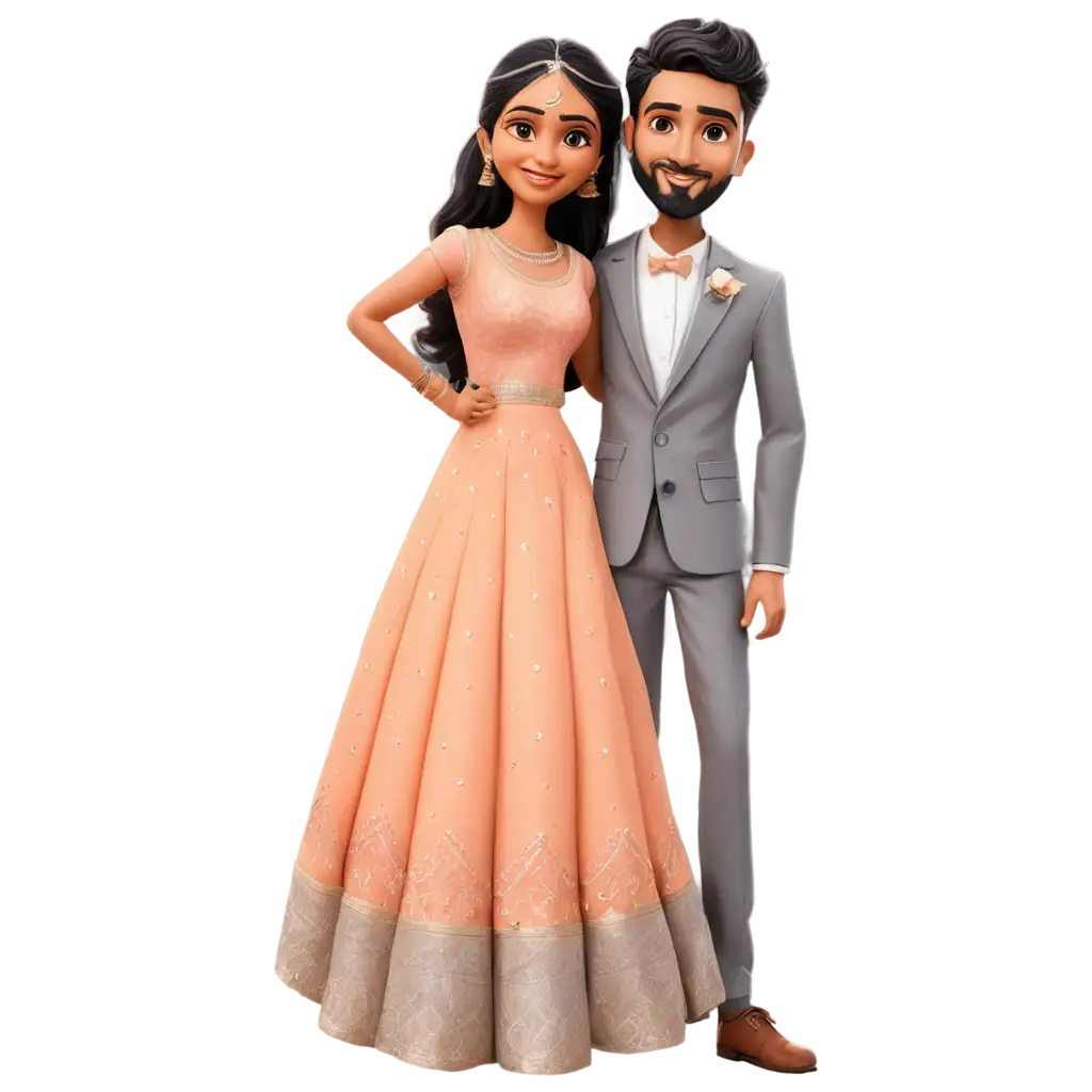 South-Indian-Wedding-Caricature-PNG-Bride-in-Peach-Lehenga-Groom-in-Grey-Tuxedo