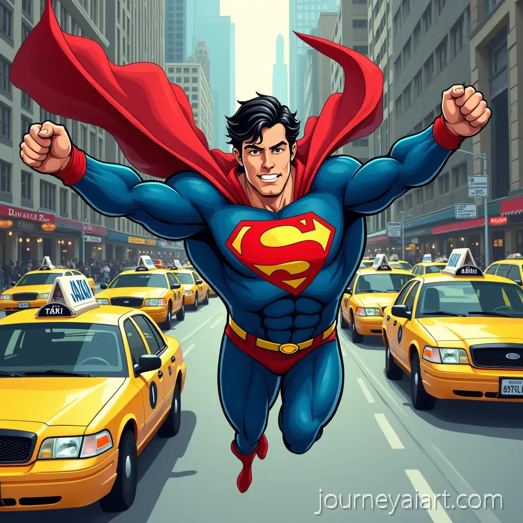 MangaStyle-Hero-Flying-Over-a-Busy-New-York-City-Street-in-a-Blue-and-Red-Suit