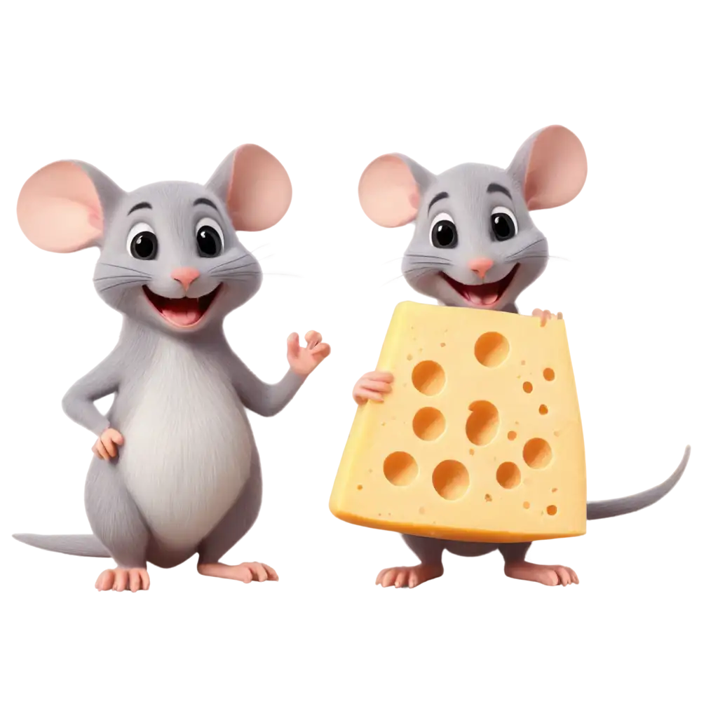 two cartoon mouses sitting on a cheese and smile