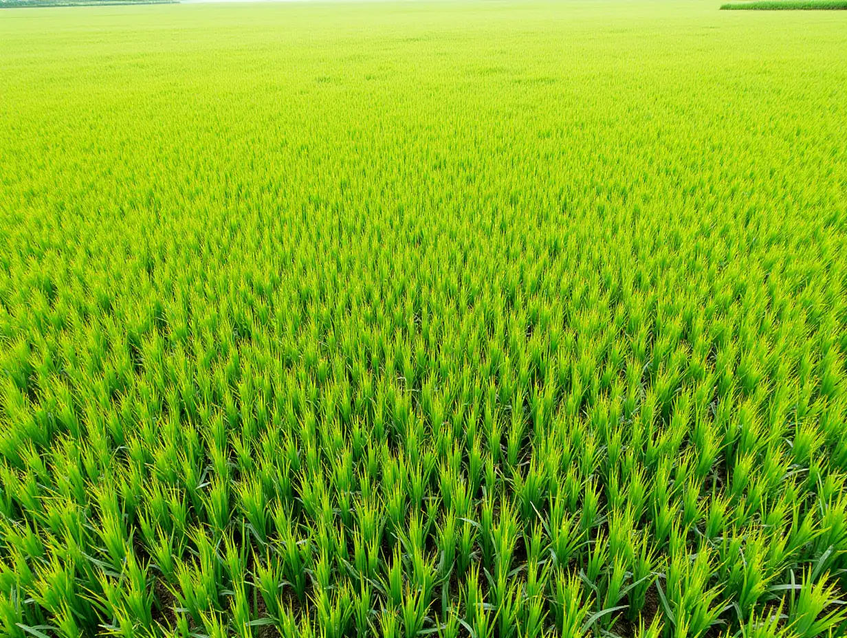 An aerial view of a vast and lush rice field